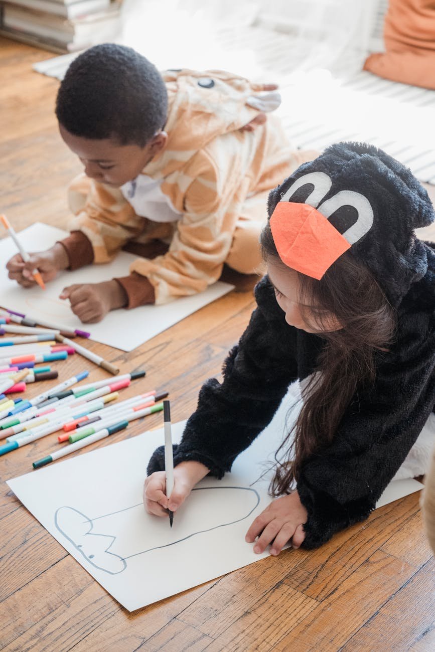 Girl and boy coloring